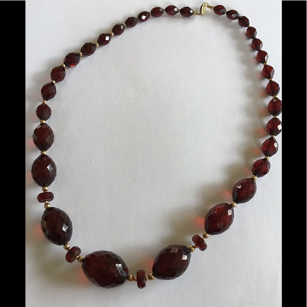 Vnt Faceted Cherry Amber Bakelite Vermeil Necklace